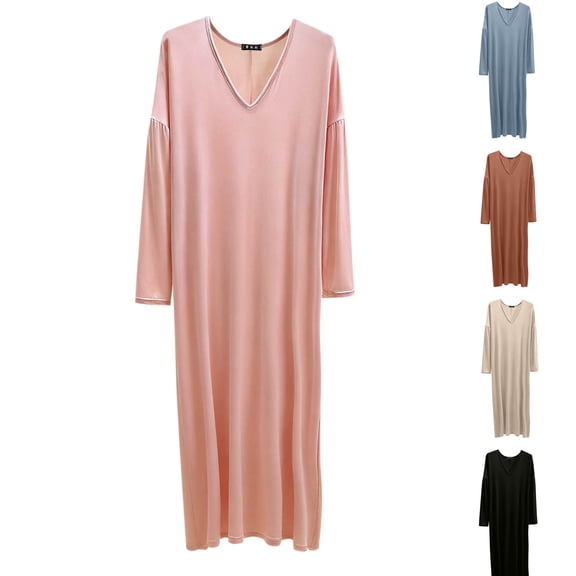 Bixock Nightgowns for Women Sleep Shirts Women V Neck Long Sleeve Long Nightgown Solid Color Lightweight Loose Casual Home Indoor All Season Dress