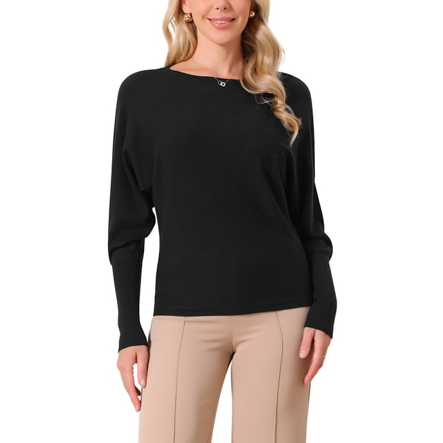 Suéteres de manga larga de murciélago para mujer Inspire Chic, oversized, con hombros al descubierto, cuello redondo, tejido suelto, talla XL, color negro