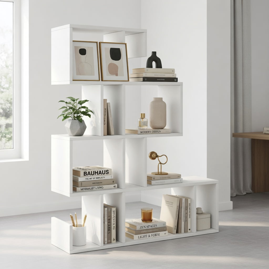 Demi Bonn 5-Tier S-Shaped Bookshelf Geometric Z-Shelf Bookcase with Open Cubes, White