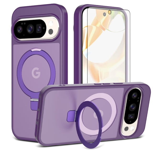 Asuwish Phone Case for Google Pixel 9/10/9 Pro/10 Pro 5G Tempered Glass Screen Protector Magnetic Bracket Translucent Shockproof Protective Cell Cover Pixel9 Pixel10 9Pro 10Pro Women Men Deep purple