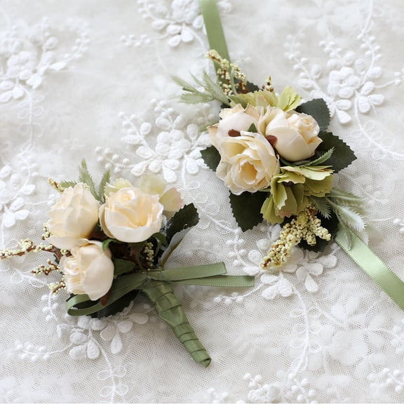Rose Wrist Corsage and Boutonniere Set, Wedding Prom Floral Decor for Bridesmaids