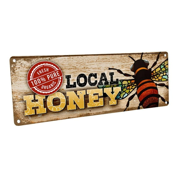 Fresh Organic Local Honey / Bee 4"x12" Metal Sign, Wall Décor for Kitchen and Dining