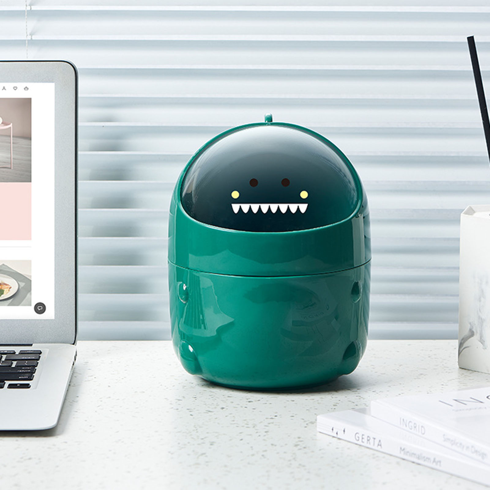 Mini Desktop Trash Can with Swing Lid Cute Little Dinosaur Shape Plastic Countertop Garbage Bin