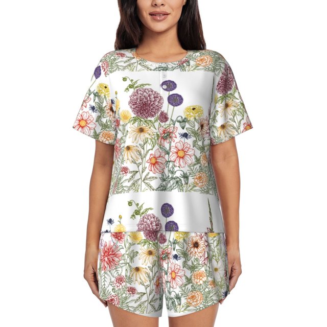 Balery Autumn Garden Conjunto de Pijama para Mujer con Estampado, Dos Piezas de Manga Corta y Shorts, Ropa de Dormir Suave con Cuello Redondo y Bolsillos-Large