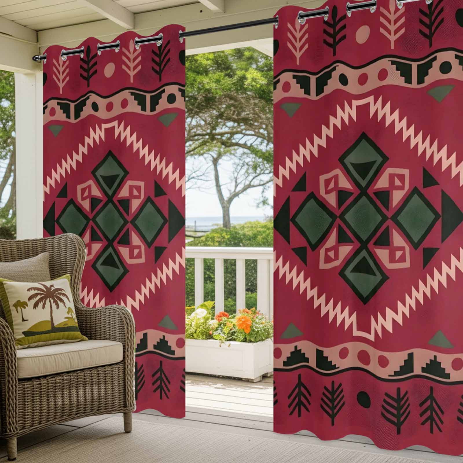 Pink Diamond Center Outdoor Curtains for Patio, Ethnic Boho Woven Texture Pine Tree Border Sunshade Privacy Drapes Grommet Waterproof Outside Curtains for Porch/Cabana/Balcony 54"x 108", 1 Panel