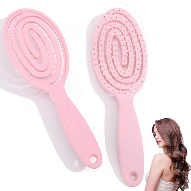 Cepillo desenredante para cabello húmedo y seco con cerdas suaves en espiral. Cepillo rosa para todas las edades.