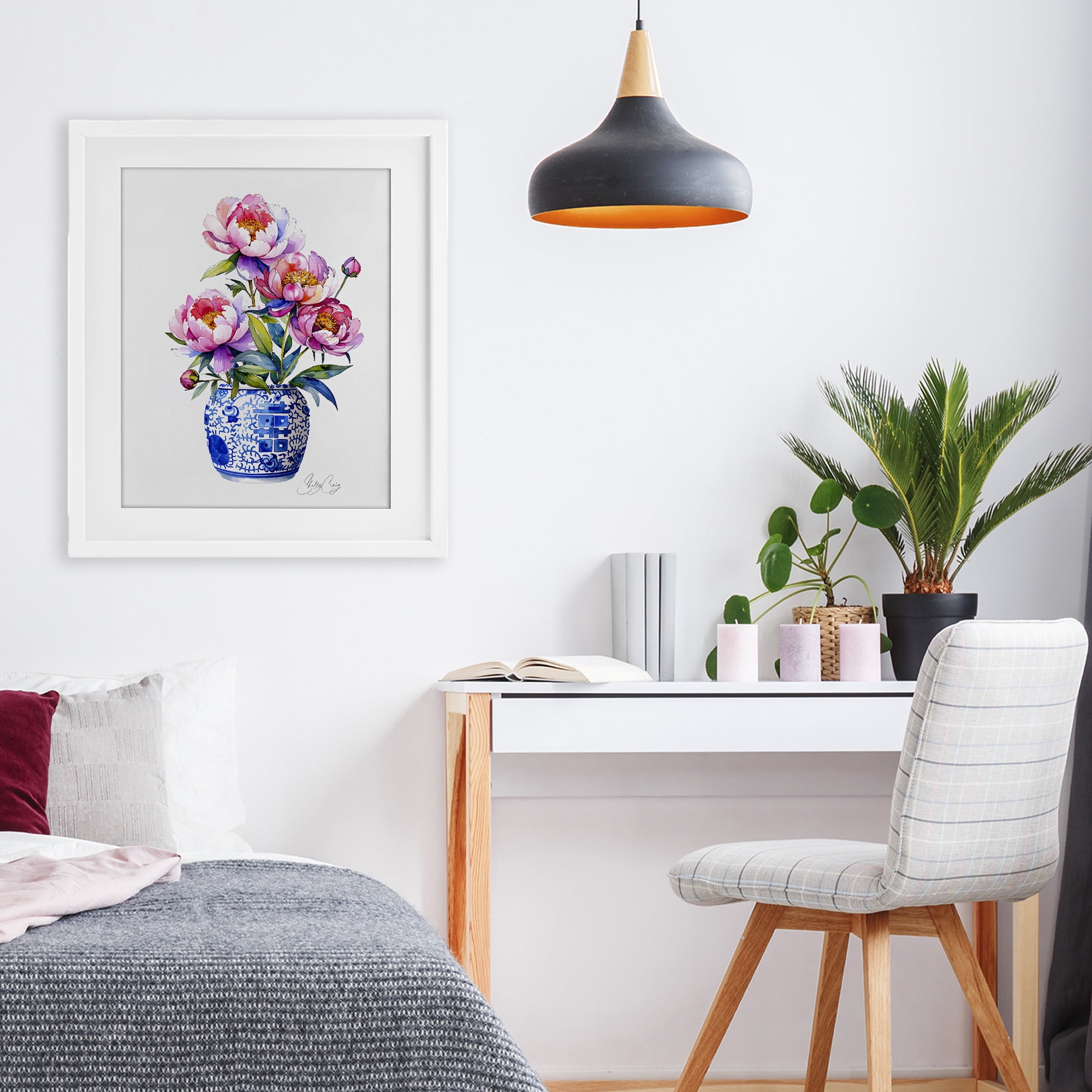 Stupell Industries Blue Dynasty Blooms White Framed Print Under Glass, design by Shelly Craig