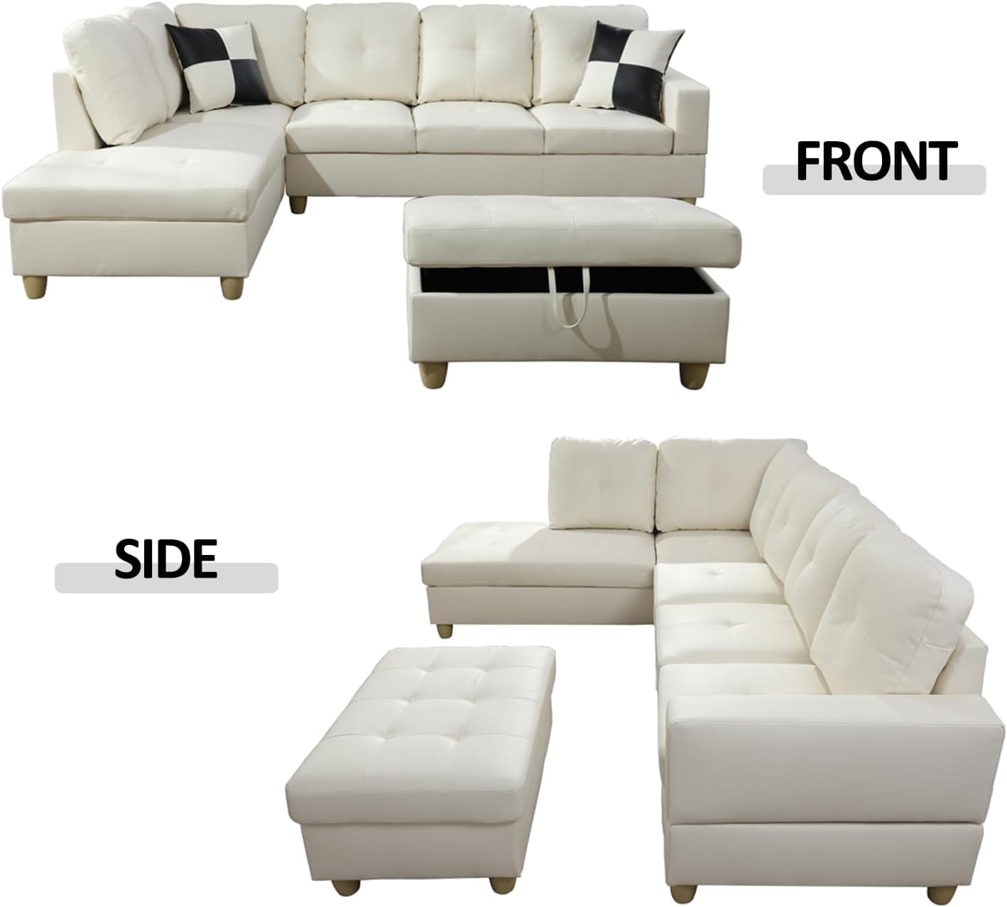 Wzlam Sectional Sofa Modern L Shaped 6 Seat with Storage Ottoman Couch Set, Faux Leather Sofa, White, Right Chaise