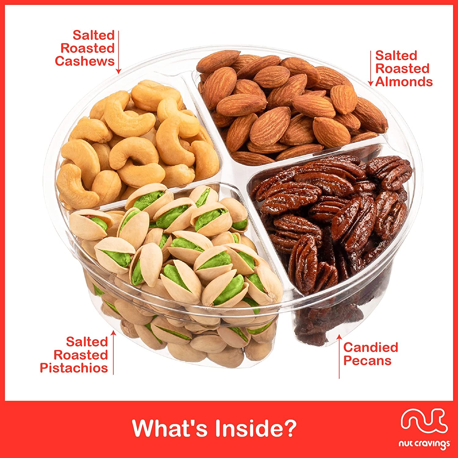 Nut Cravings Nut Gift Basket, 4 Assortments — Almonds, Cashews, Pistachios, Honey Glazed Peanuts, Kosher Gourmet Snack Tray