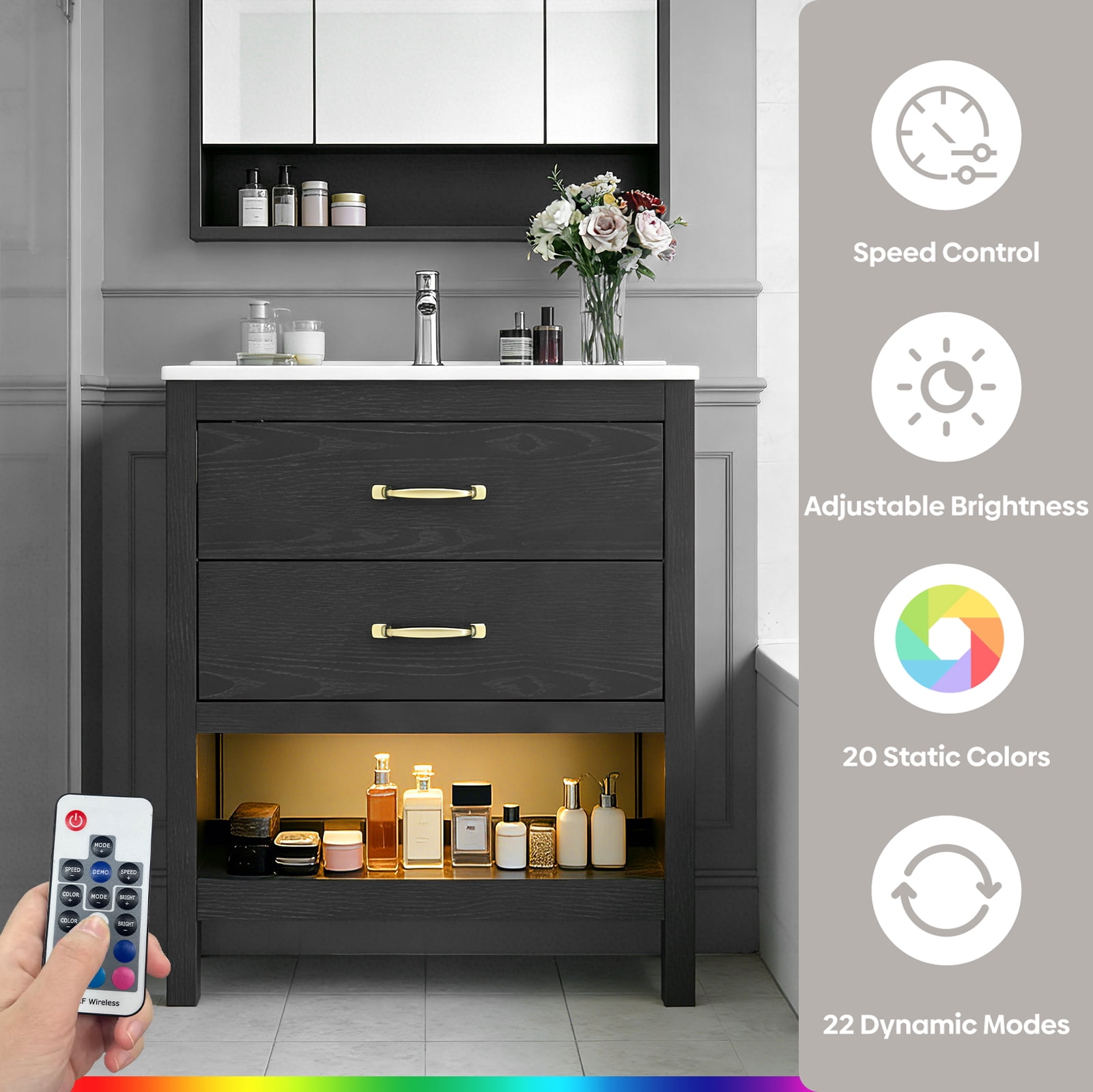 EVOKEDEN 24” Bathroom Vanity with Sink, Modern Bathroom Cabinet Set with LED Light for Small Space, 2 Soft-Close Drawers with Organizer, Black