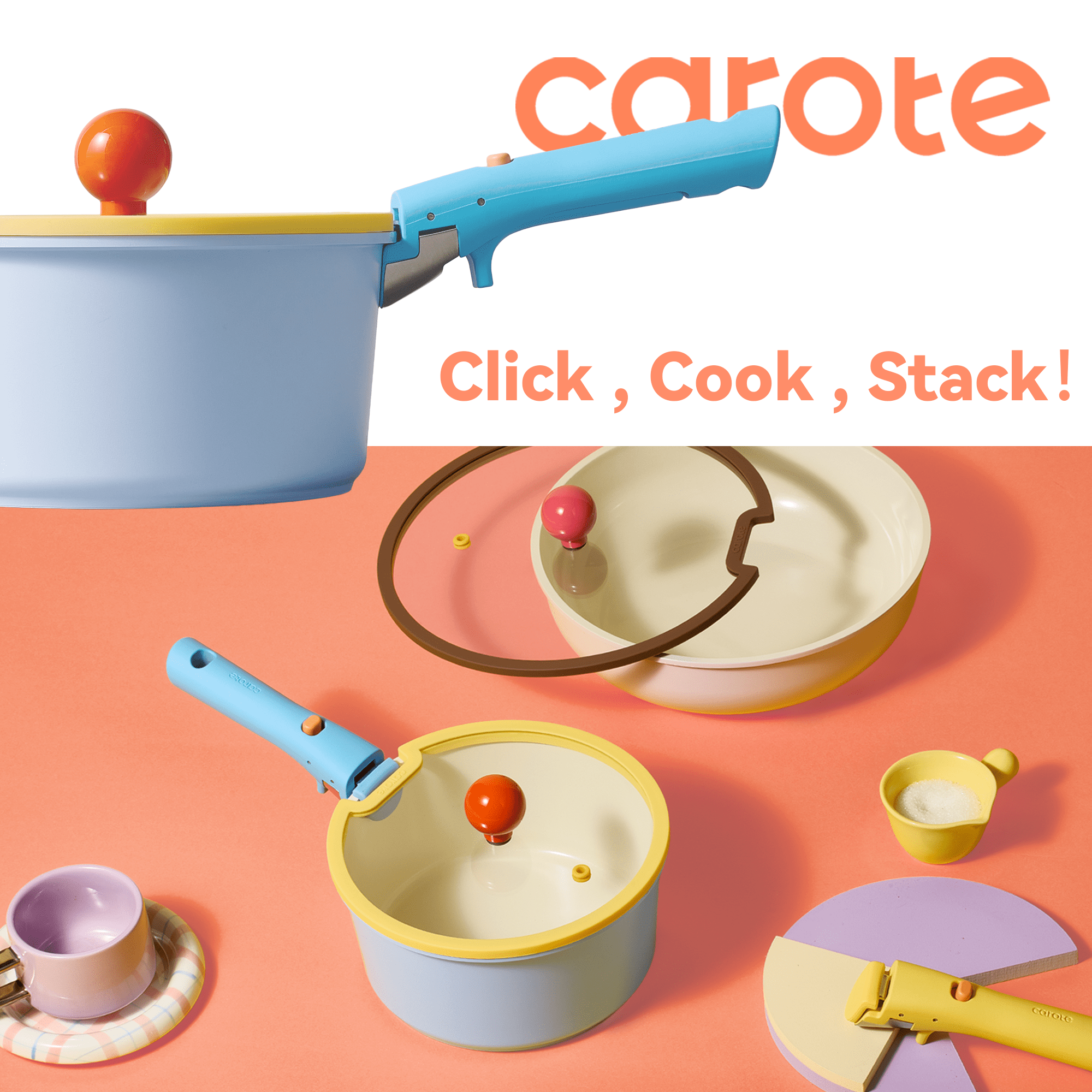 Carote 20 Pcs Ceramic Nonstick Cookware Set, Pots and Pans with Detachable Handles, Oven/Dishwasher Safe, Stackable Kitchen Cooking Set, Colorful