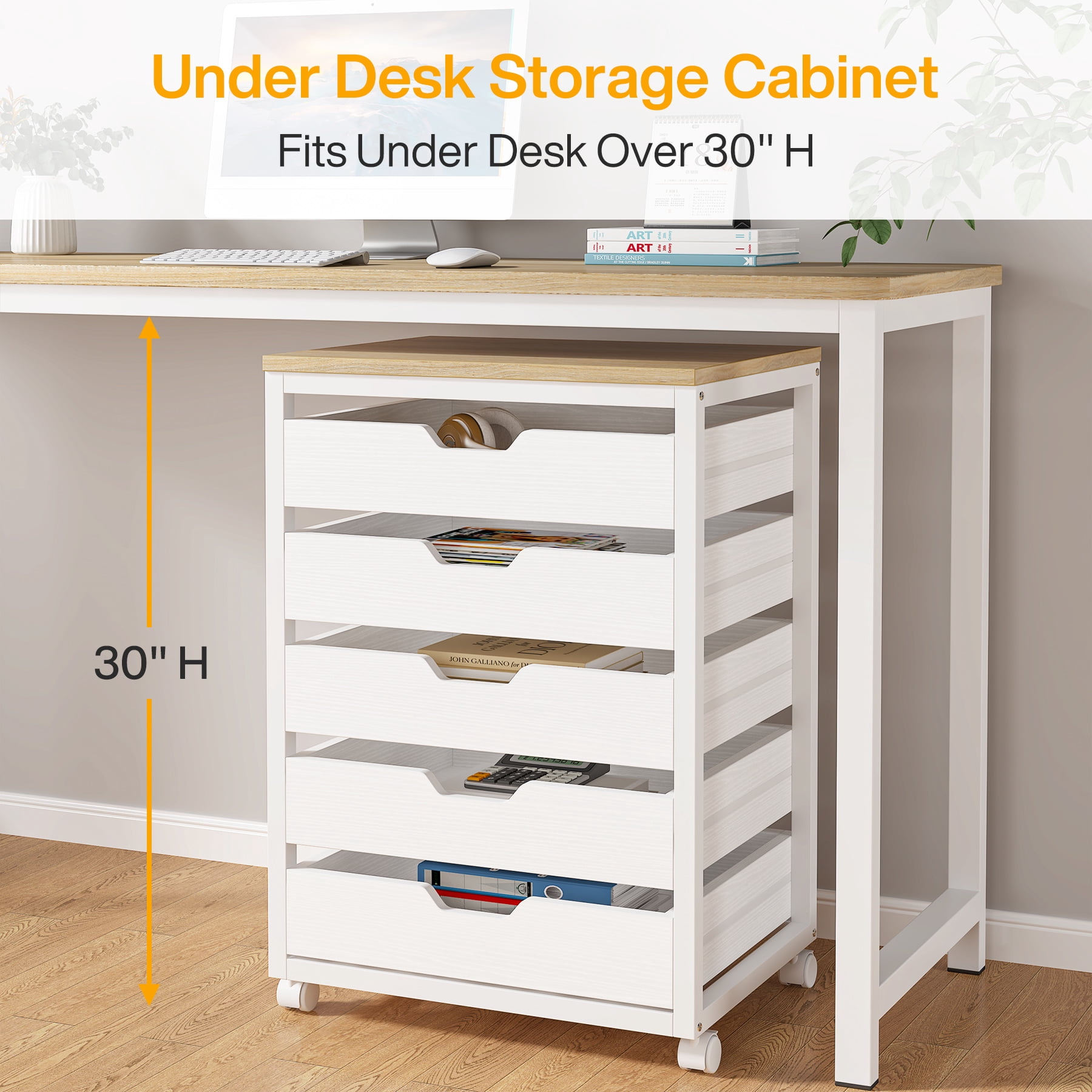 Tribesigns Modern 5-Drawer Dresser for Bedroom, Small Portable Chest of Drawers with Wheels and Metal Frame for Living Room, White