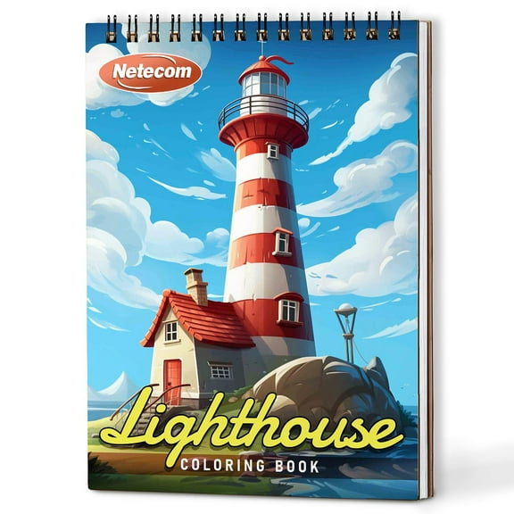 Netecom Lighthouse Coloring Book for Adults, Spiral Bound Edition, A5 Wooden Cover, 30 Serene Coloring Pages of Guiding Light for Stress Relief and Relaxation