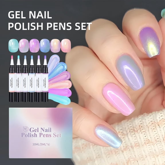 6PCs Nail Polish Pens Set,Cat Eyes Gel & Top in a Pen,Shimmer Glitter Nail Polish Kit at Home,Quick Drying To Handle