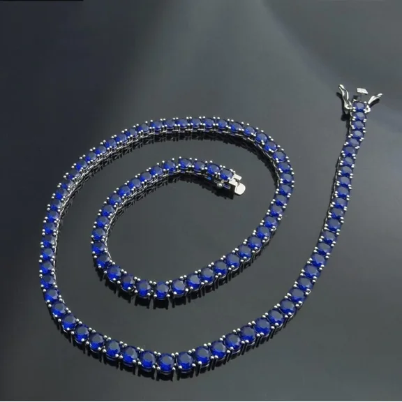 Aishvi Jewels 18CT Round Cut Lab Created Blue Sapphire Tennis Necklace 14K White Gold Plated