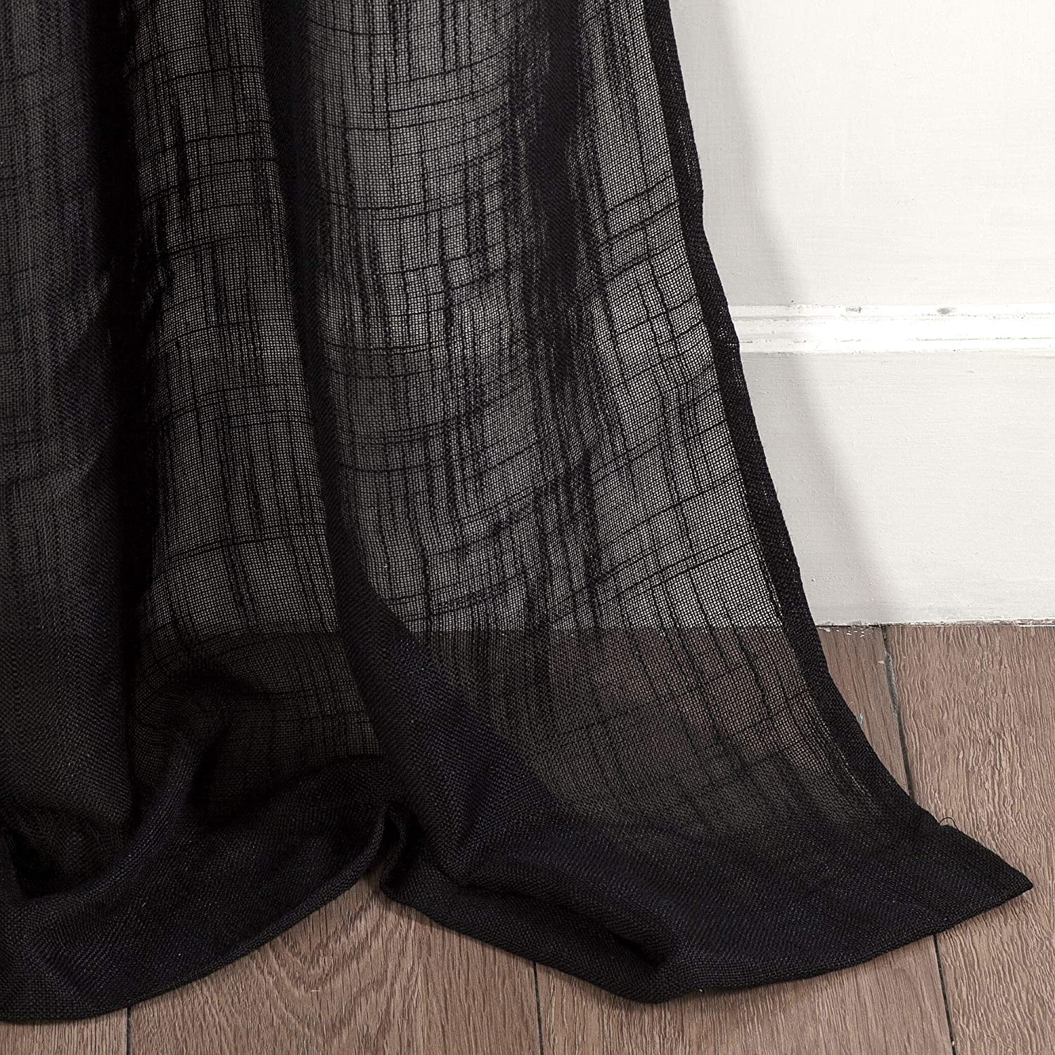 2 Piece Textured Linen Sheer Grommet Top Curtain Panel Drape Set (63" Long, Black)