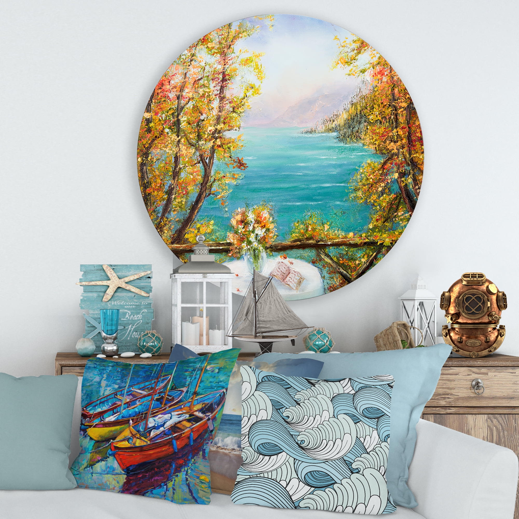 Free Shipping! Designart Blue Ocean View Terrace Metal Wall Art