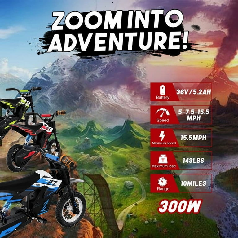 RCB Electric Dirt Bike, 36V& 300w & 9.3Miles,3 Speed Modes Motocross for Kids Ages 3-12 Red