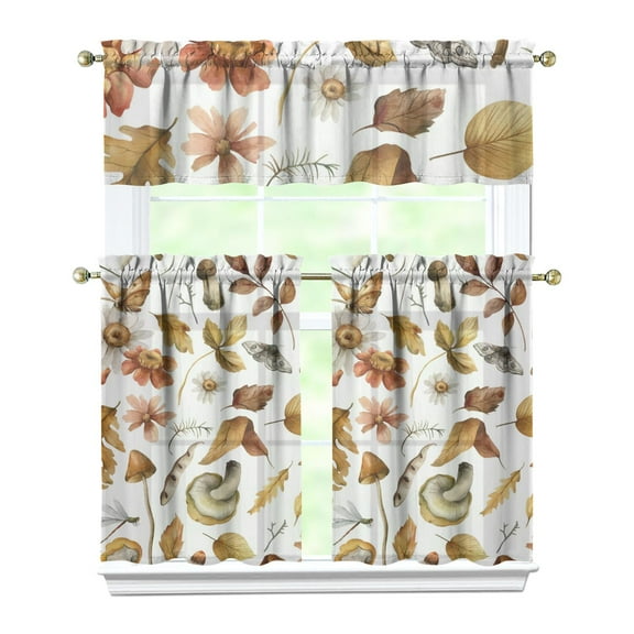 Fall Kitchen Curtains 36 Inch Short - 3 Panel Set, Autumn Harvest Print, Rod Pocket Window Treatment for Thanksgiving, Farmhouse, Cafe, Living Room - Machine Washable