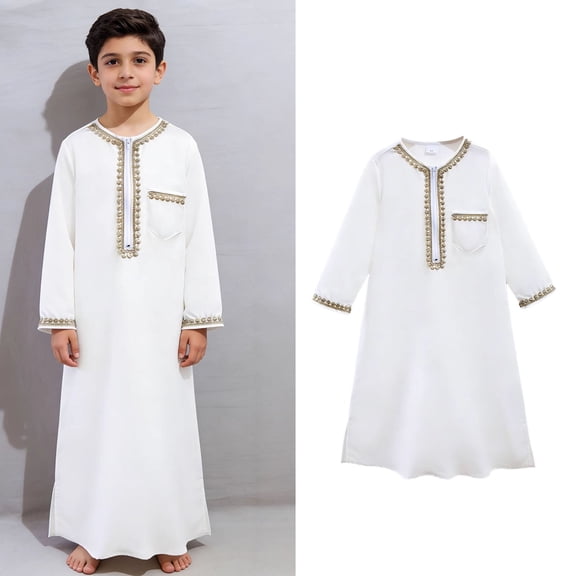 Boys Muslim Clothes Long Sleeve Zipper Embroidered Thobe Muslim Prayer 5-6 Years Boy Clothes