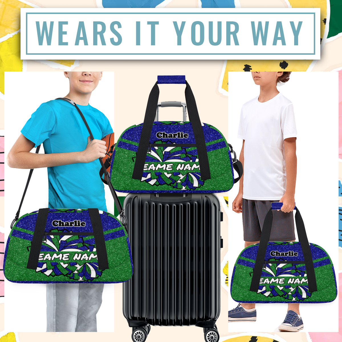 Personalized Cheerleader Bag Dance Bag for Girls, Custom Team Bag Gym Bag Sport Duffel Bag, Weekender Bags Travel Bag for Cheer Team Glitter Blue Green