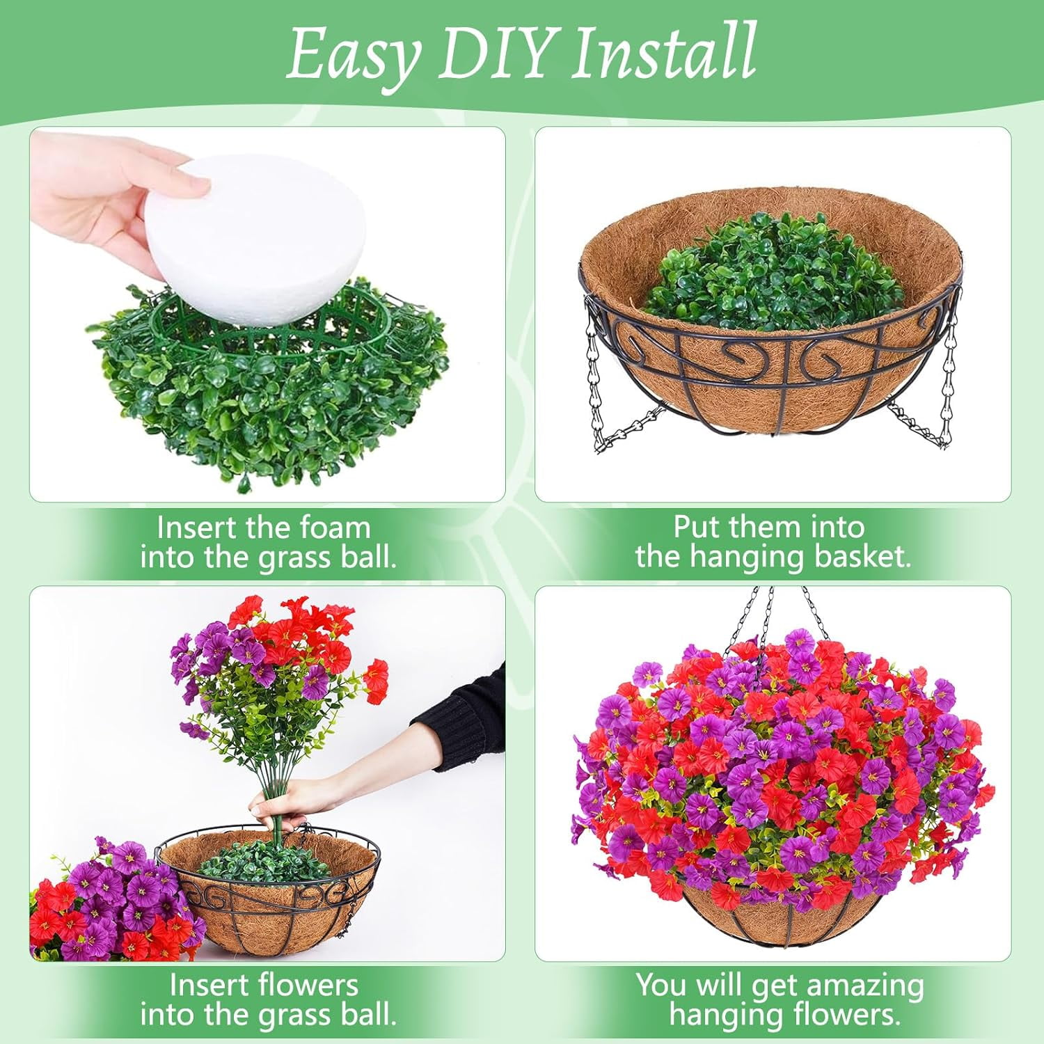 Waipfaru Artificial Hanging Flowers in Basket,Fake Hanging Plants for Outdoors Spring Summer Decoration,UV Resistant Petunias Flower for Garden Porch Patio Balcony Decor