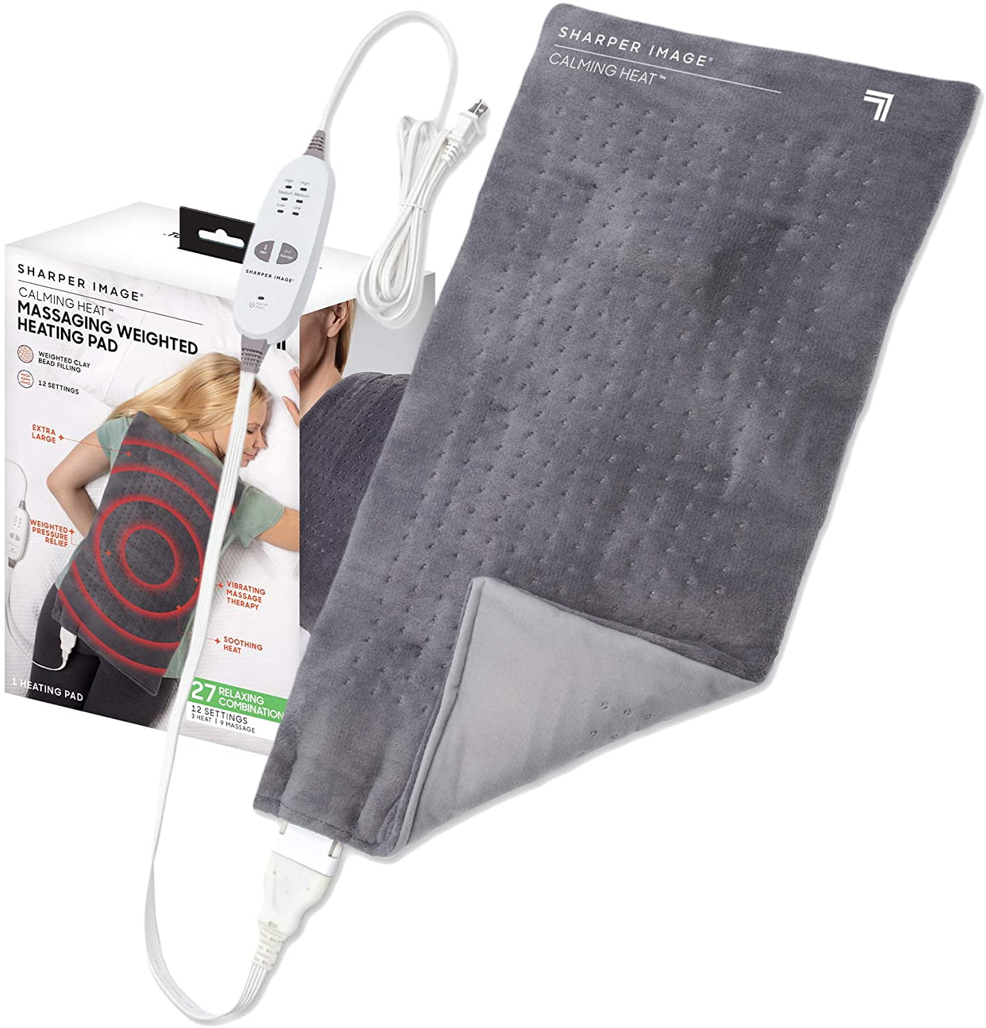 Calming Comfort Heat Massaging Weighted Heating Pad by Sharper Image with Vibration, 12 Settings- 3 Heat, 12&rdquo; x 24&rdquo;, 4 lbs