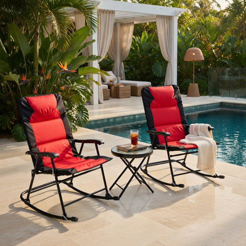 Hommoo 3-Piece Outdoor Folding Rocking Chair & Table Set with Cushions, Steel Frame, Tempered Glass Table, Portable Patio Furniture for Deck, Backyard, Camping, Red