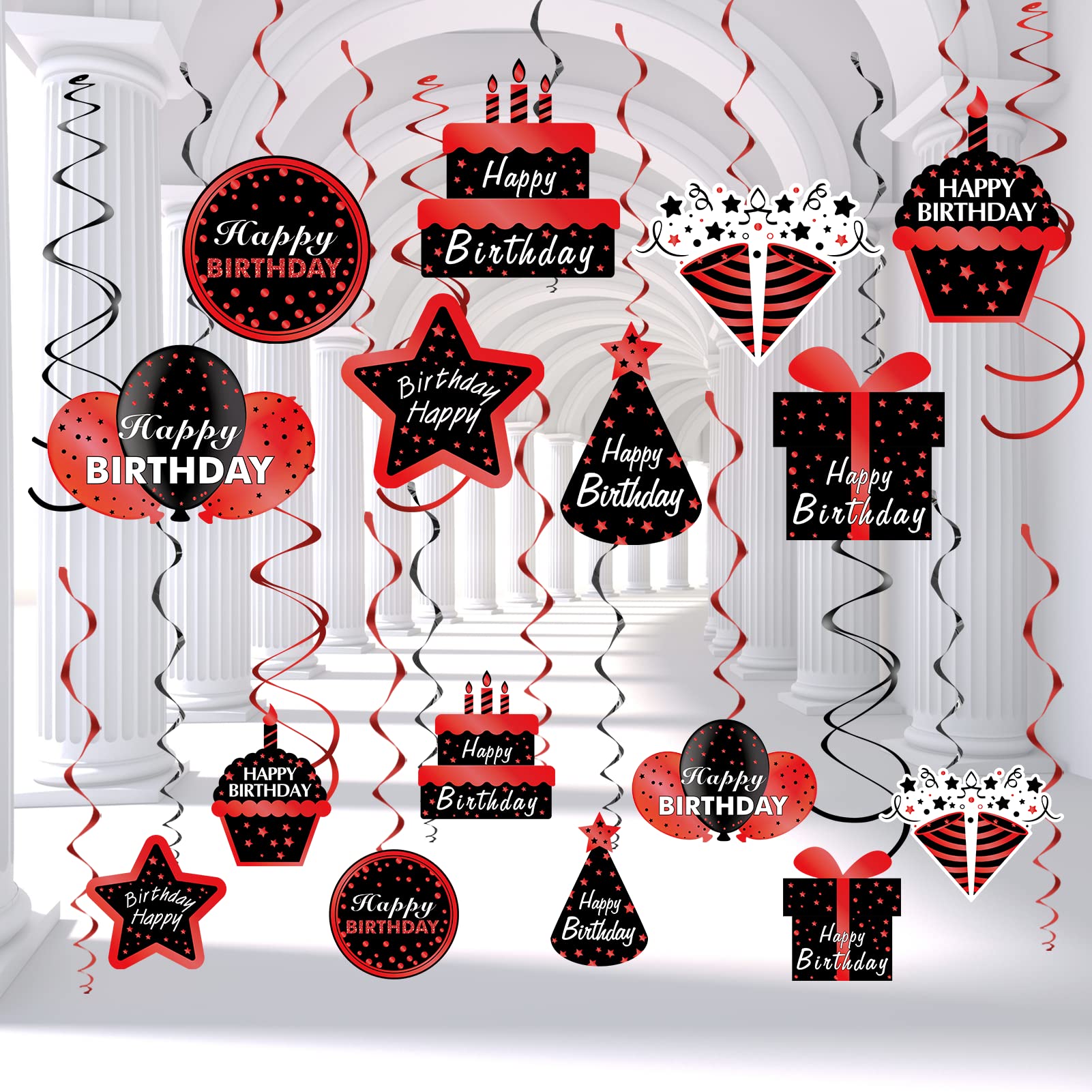 Red and Black Happy Birthday Decorations Hanging Swirls Party Supplies