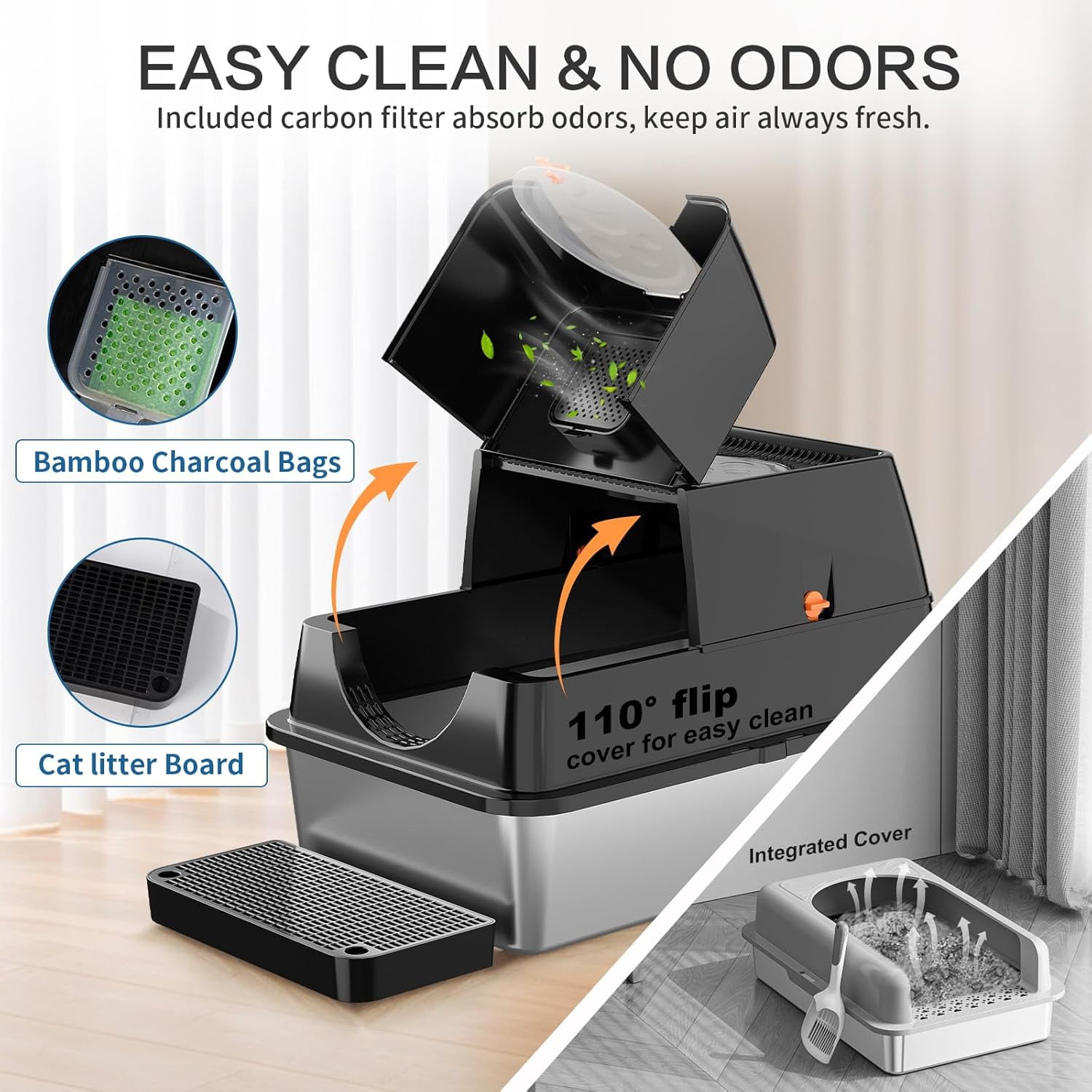 Stainless Steel Litter Box with Lid, 135° Flip-Top Extra Large Cat Litter Pan, Enclosed Metal Litter Box with Litter Scoop & Filter Pedal, Anti-Leakage, Odor Free, Front & Top Dual Entry