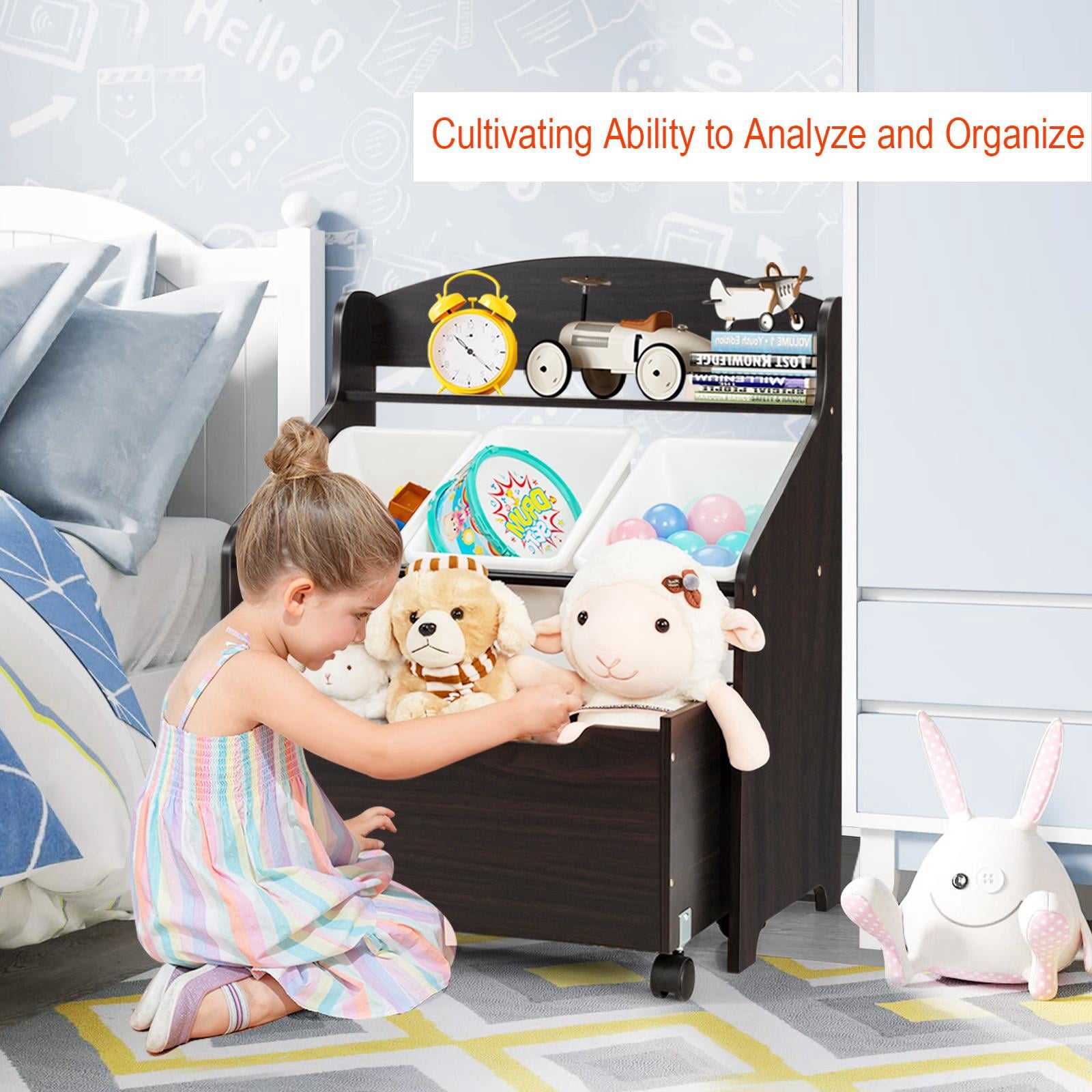 Giantex Wooden Kids Toy Storage Organizer, Toddler Furniture Storage Unit w/Wheels for Child's Bedroom Playroom, Espresso