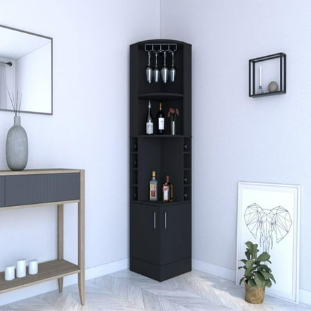 We Have Furniture Corner Bar Cabinet Atanasio  8 Wine Cubbies  Double Door  Black Wengue Finish