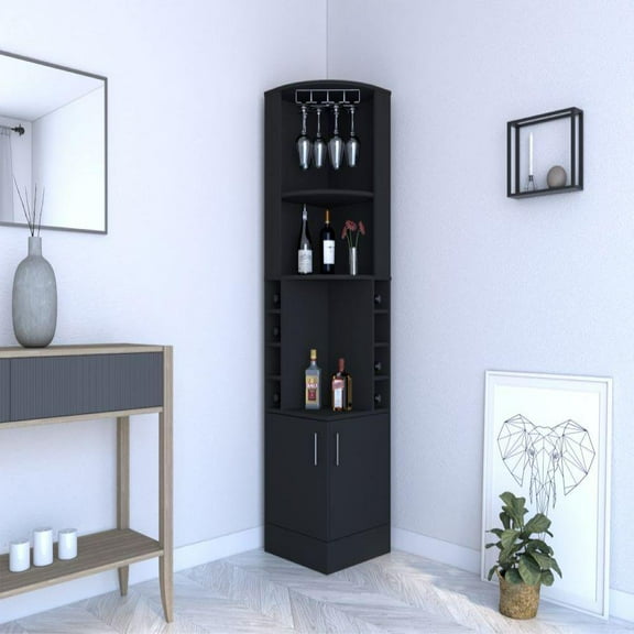 We Have Furniture Corner Bar Cabinet Atanasio, 8 Wine Cubbies, Double Door, Black Wengue Finish