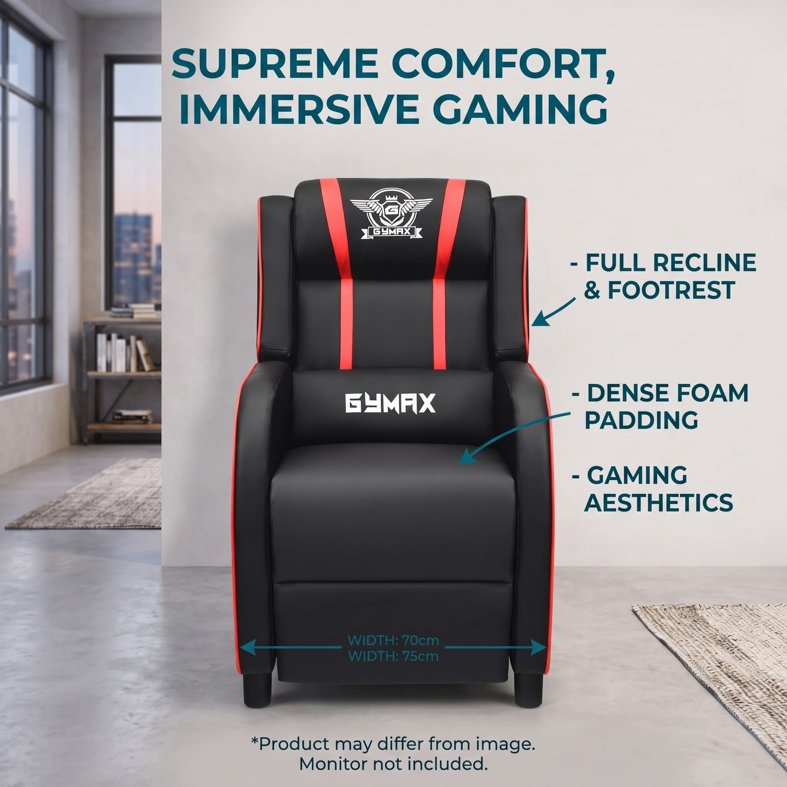 Furnibear Massage Gaming Recliner Chair, Ergonomic PU Leather Racing Style Reclining Sofa with Footrest, Lumbar Massage, Headrest Pillow and Remote for Home, Red