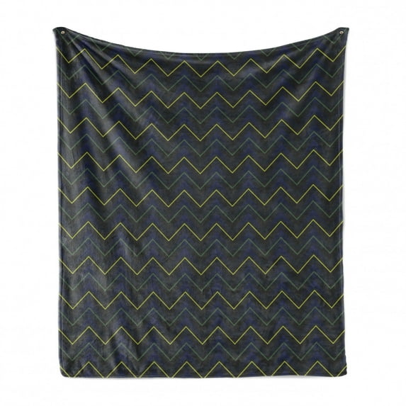 Dark Blue Soft Flannel Fleece Throw Blanket, Modern Geometrical Pattern with Neon Effected Chevron Zigzag Lines, Cozy Plush for Indoor and Outdoor Use, 50" x 70", Dark Blue Yellow Green, by Ambesonne