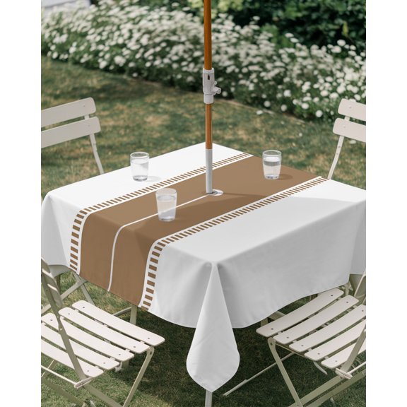 Outdoor Tablecloth with Umbrella Hole, Light Brown Striped Pattern Zippered Table Cloth for Rectangle Tables, Modern Minimalist Art Washable Waterproof Tablecloths for Picnic Patio Garden