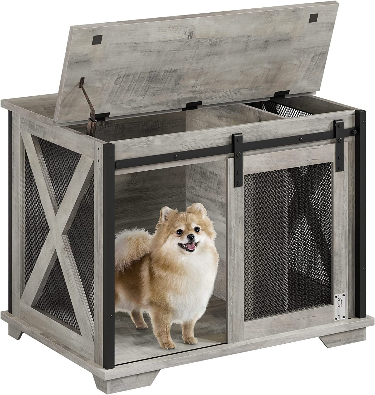 Yartaka 37'' Sliding Barn Door Dog Crate Furniture with Flip Top and Movable Divider, Wooden Dog