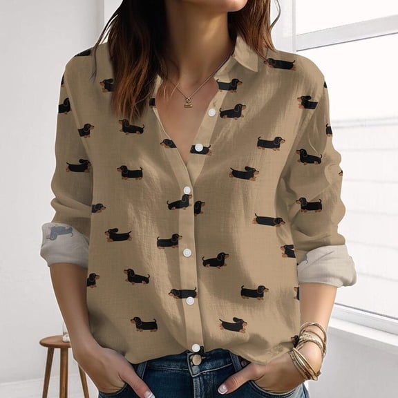 Dachshund Dog Linen-Look Shirt, Dog Aloha Blouses Shirt, Sausage Dog Vacation Shirt, Cute Pet Women Shirt, 2025 Summer Shirt For Her, Button Up Shirt, Blouses Tops Women, Gift for Mother