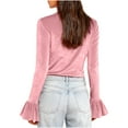 thumbnail image 4 of Women's Bell Sleeve High Neck Shirts, Ribbed Ruched Long Sleeve Tops, Casual Fall Going out Blouses, 4 of 7