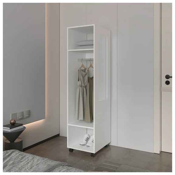 White 3-Shelf Wardrobe with Mirror & Open Storage, Bedroom Closet Organizer Furniture