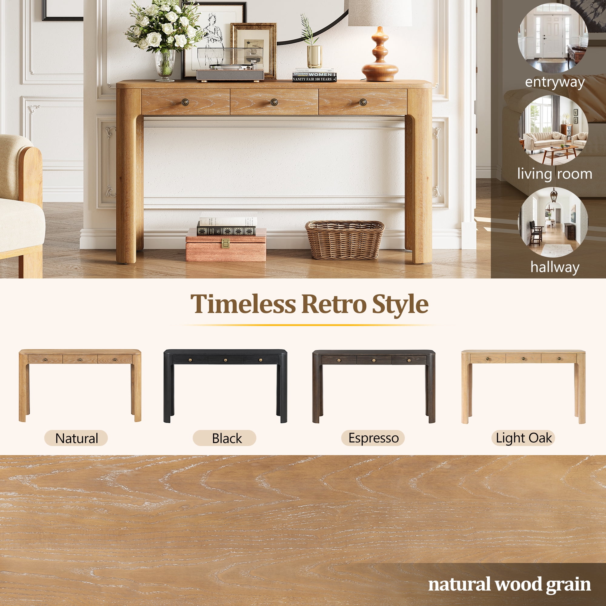 Aukfa 52" Console Table with Curved Corners, 3 Drawers & Thick Legs, Entryway Table for Living Room & Hallway, Natural