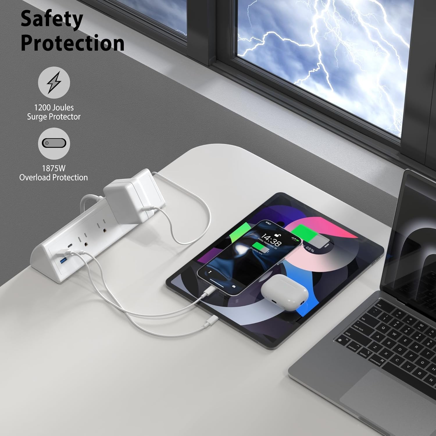 Desk Clamp Power Strip,20W   Station,Surge Protector Nightstand Edge Mount,1875W Extension Cord with Multiple Outlets,2 USB-C,2 USB-A,for  Office (White, 6 FT)