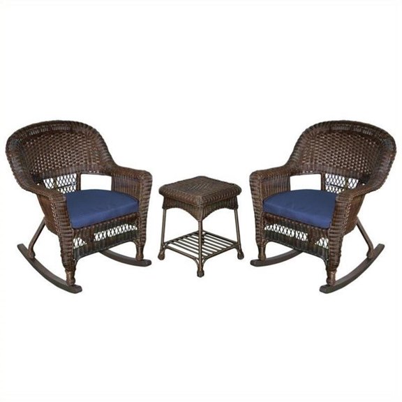 Afuera Living 3pc Wicker Rocker Chair Set in Espresso with Blue Cushion