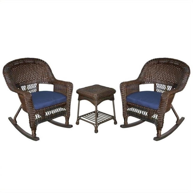 Afuera Living 3pc Wicker Rocker Chair Set in Espresso with Blue Cushion