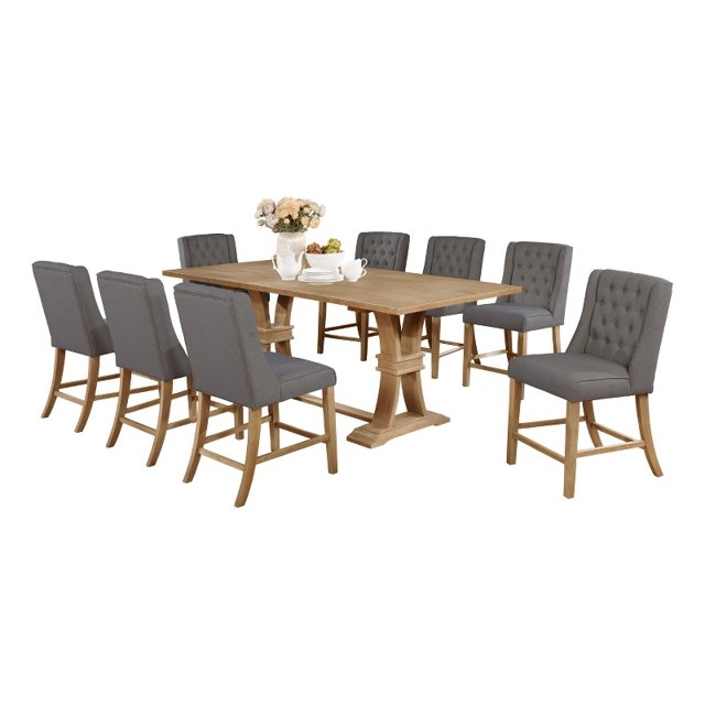 Ensemble de Salle à Manger en Bois Rustique 9pc avec Chaises en Tissu de Lin Gris et Table Extensible