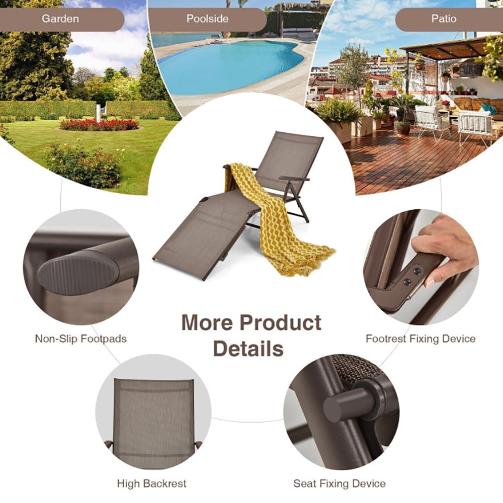 Aimee Lii 2 Pieces Foldable Chaise Lounge Chair with 2-Position Footrest, Patio Loungers, Brown