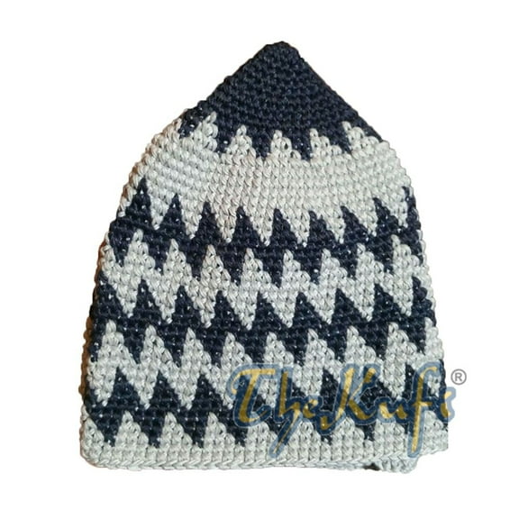 Kids Hand Crocheted Cotton Indigo  Cream Zigzag Kufi Hat