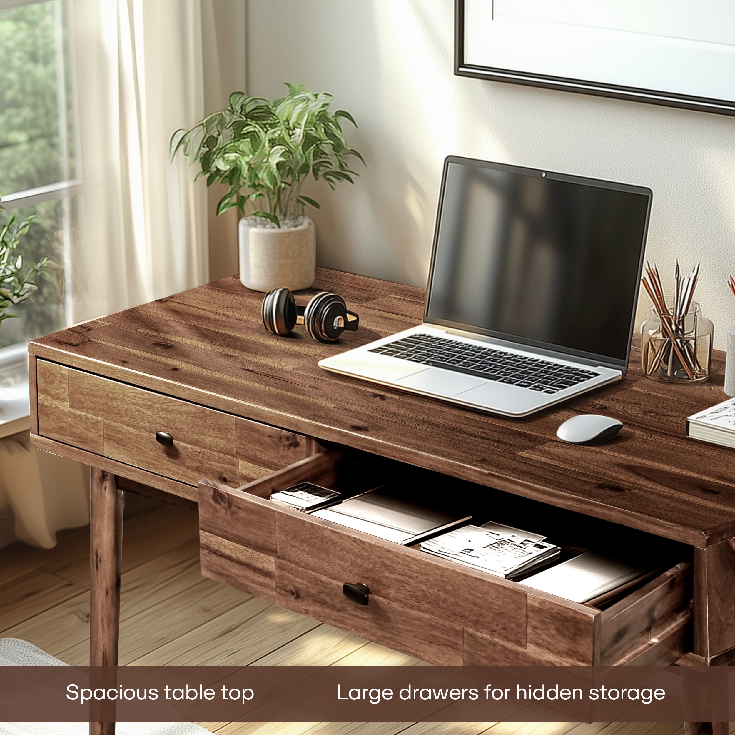 Acacia Lagom 48" Solid Wood Work Desk with Drawers Office Desk for Home Office, Walnut