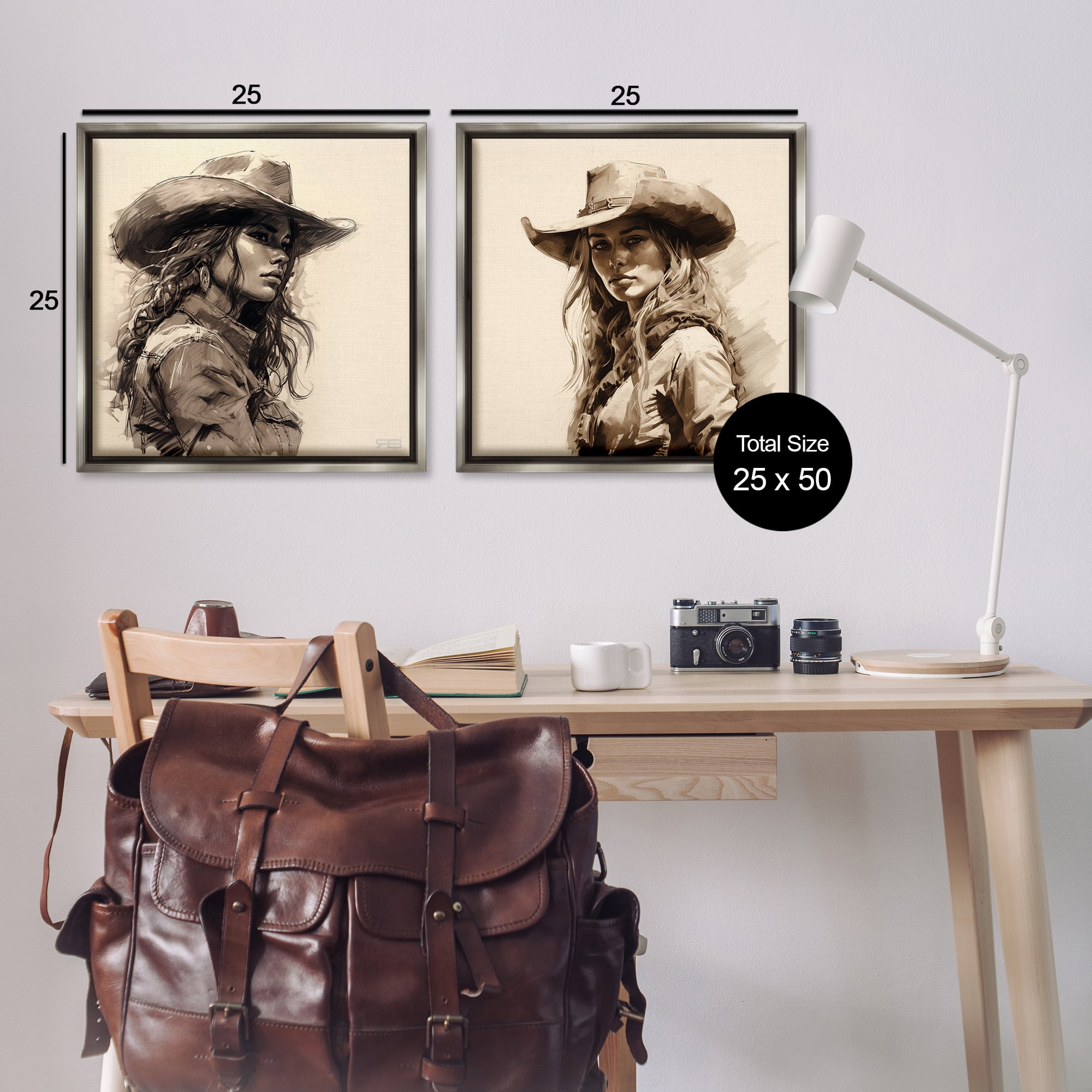 Stupell Industries Trendy Cowgirl Beauties People Painting Gray Floater Framed Canvas Art Print Wall Art, 25 x 25, Set of 2