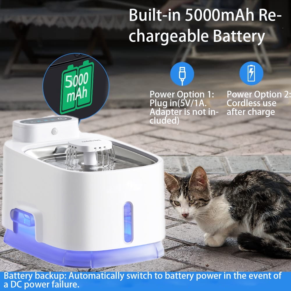 Cat Water Fountain Battery Operated, Wireless Sensor Pet Fountain, 2.5L/84oz Automatic Dog Water Dispenser, for Drinking with Quiet Pump Inside Stainless Steel Tray Easy Clean BPA-Free